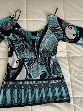 AB Studio Turquoise Black White Printed Top